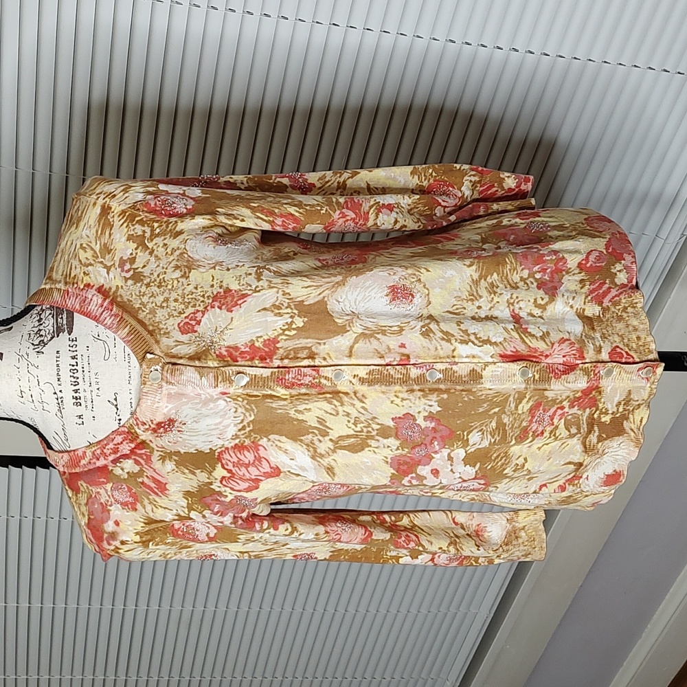 Talbots Beaded Cardigan Sweater Floral Peach, Red, Cream SZ: M